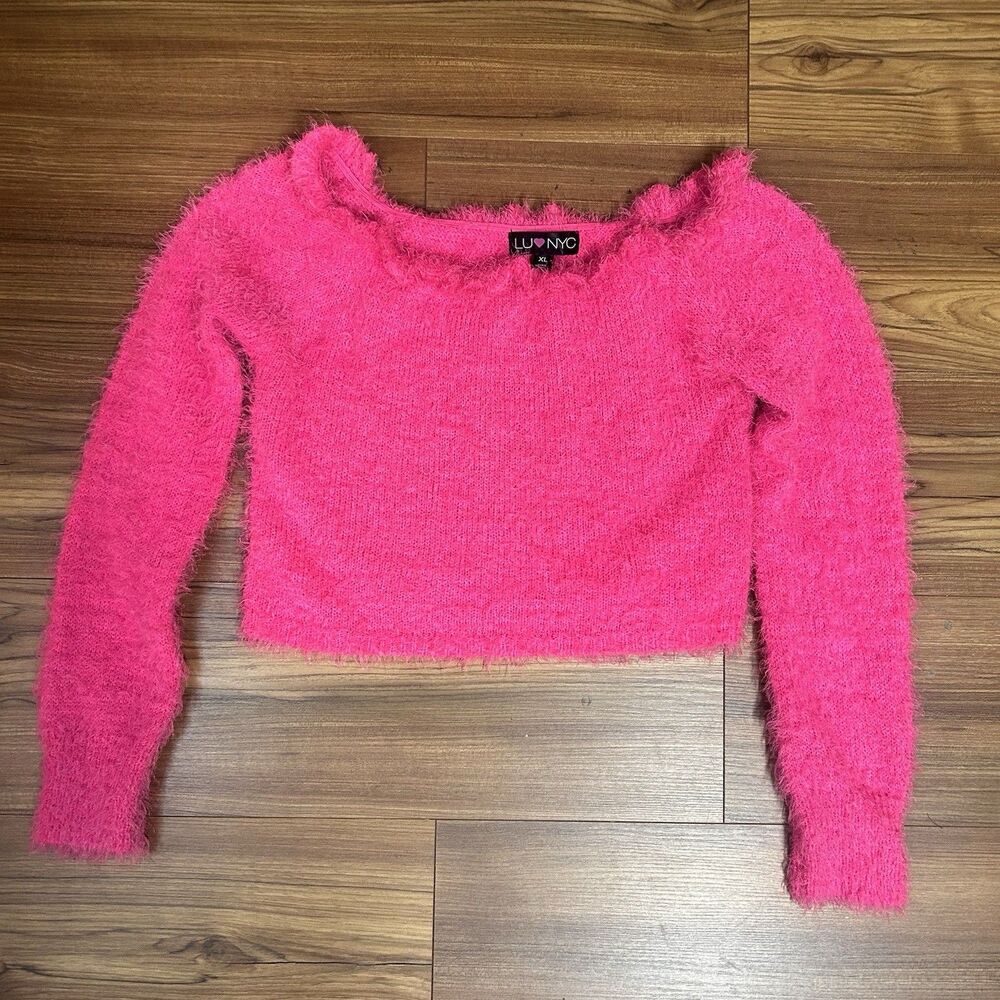 Hot Pink Fuzzy Cropped Sweater Womens XL Soft Eyelash Knit Y2K Barbiecore